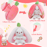 Personalized Easter Bunny Plush Rabbit Hiding in A Zip-Up Strawberry or Carrot Custom Name 100% Cotton Stuffed Plush Toy Easter Basket Stuffers Easter Fun Gifts for Kids Girls Boys