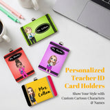 Personalized Teacher ID Badge Holder Custom Cartoon Character and Name PU Leather Card Holder with Breakaway Lanyard Teacher's Day Appreciation Back to School Gifts Teacher Must Haves