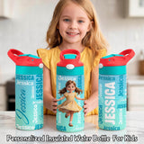 Personalized Kids Water Bottle Custom 3D Cartoon Character BPA Free 16oz Transparent Sports Water Bottle with Straw Handle and Name Birthday Back to Schoold Xmas Gifts for Boys Girls
