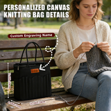 Personalized Knitting Bag with Name Leather Patch Canvas Yarn Bag Yarn Holder for Crochet Lovers Pottery Tool Bag Art Supply Storage Student Artist Gift Mother's Day Gift Birthday Gifts