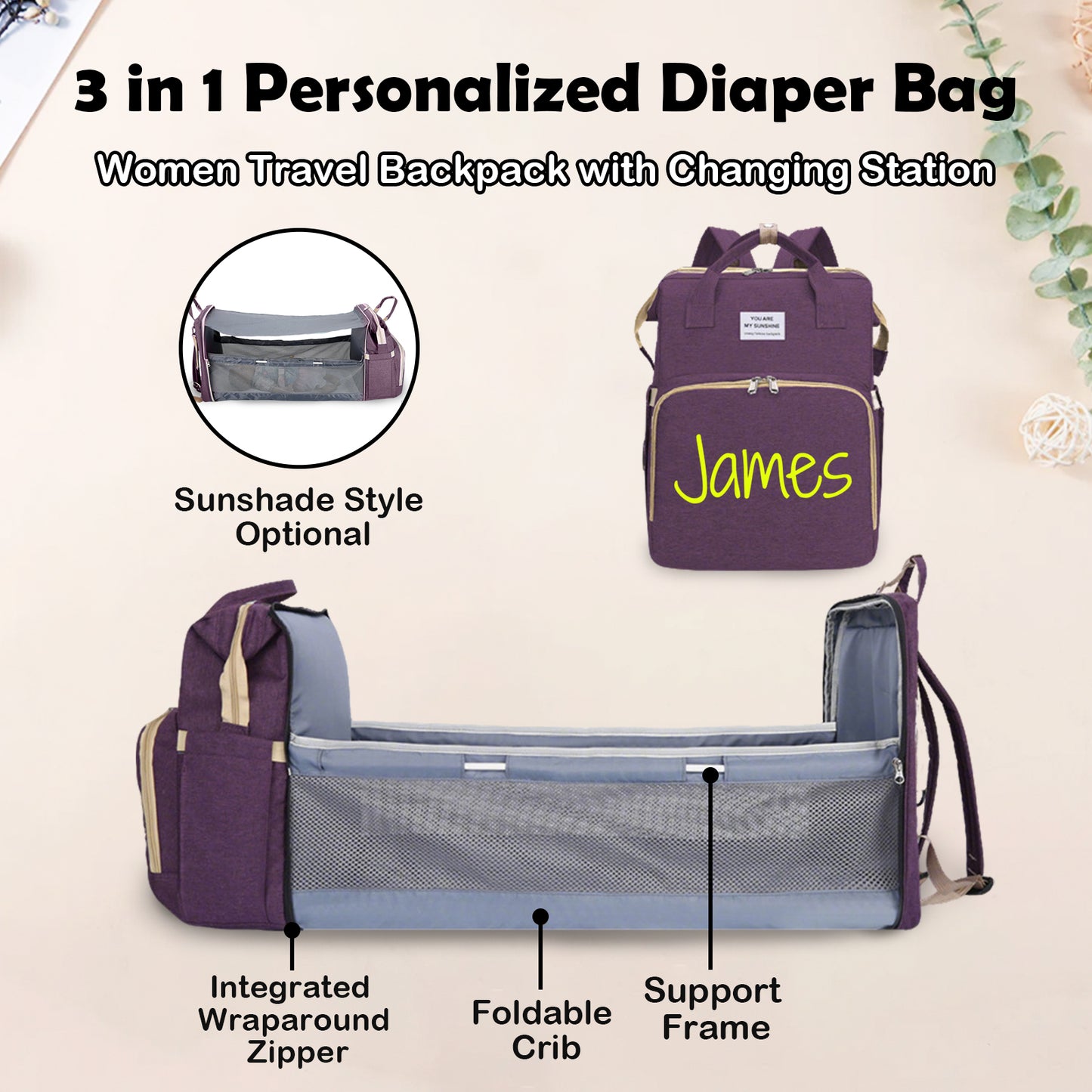 Personalized 3 in 1 Diaper Bag Backpack with Changing Station  Multifunctional Large Baby Diaper Bags for Boys & Girls Portable Custom Lightweight Changing Bag Newborn Baby Essential Gifts