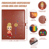 Personalized Sketchbook Cover with Name and Cartoon Character PU Leather Birth Flower Notebooks Cover with Storage Pocket Traveler's Sketchbook Gifts For Artists Teacher Student Daughter