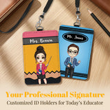 Personalized Teacher ID Badge Holder Custom Cartoon Character and Name PU Leather Card Holder with Breakaway Lanyard Teacher's Day Appreciation Back to School Gifts Teacher Must Haves