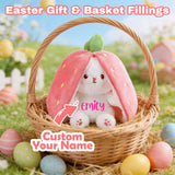 Personalized Easter Bunny Plush Rabbit Hiding in A Zip-Up Strawberry or Carrot Custom Name 100% Cotton Stuffed Plush Toy Easter Basket Stuffers Easter Fun Gifts for Kids Girls Boys