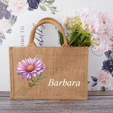 Personalized Birth Flower Beach Jute Tote Bag Trip Bag with Name