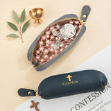 Personalized Genuine Leather Rosary Pouch, Cross Print Rosary Bag with Name