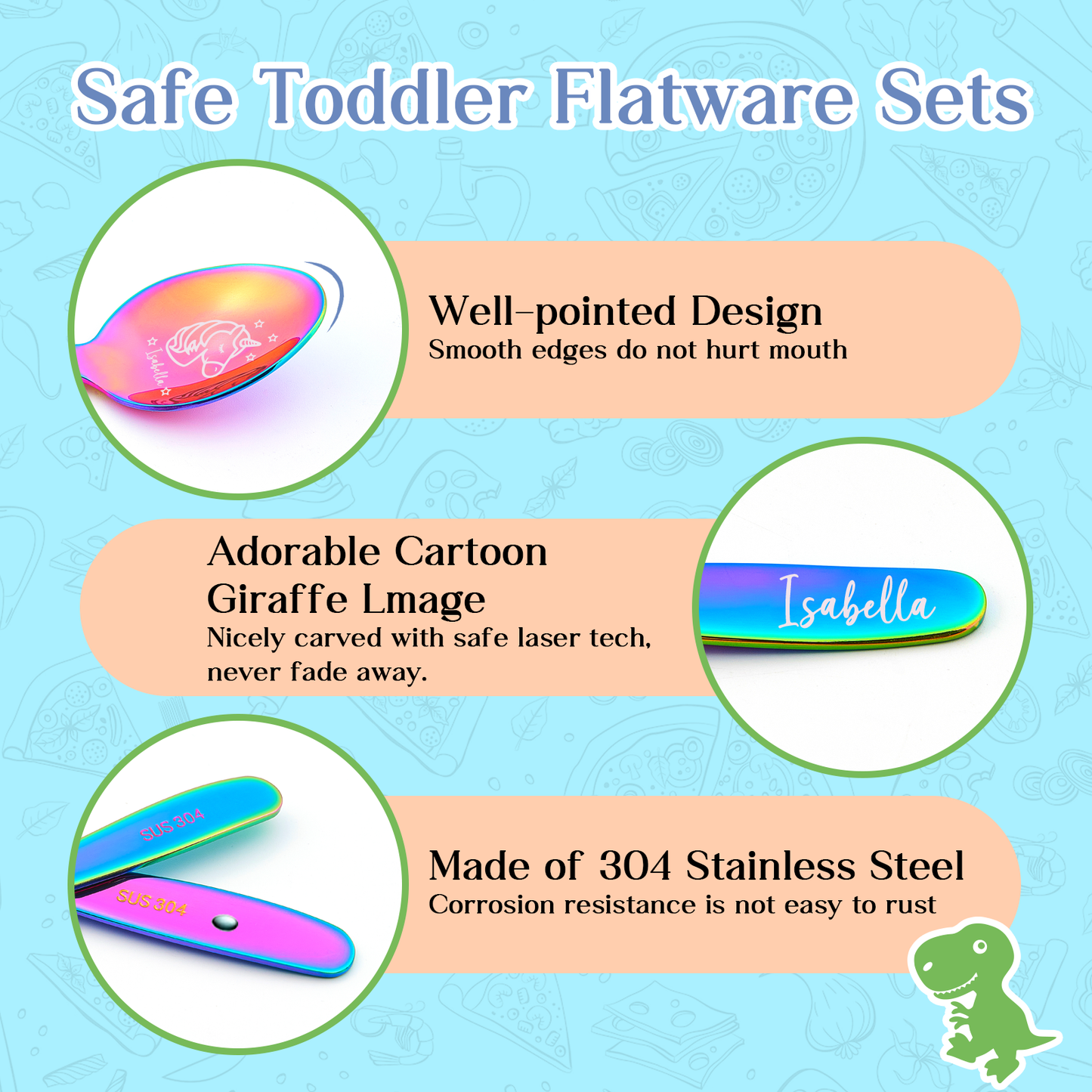 Personalized 6 Colors Unicorn Dinosaur Children's Stainless Steel  Cutlery Set