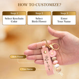 Personalized Birth Flower PU Leather Keychain Custom Name Keyring Daisy Beaded Keychain for Women Bridesmaid Gifts Birthday Anniversary Wedding Mother's Day Gifts Bag Charm Party Favor