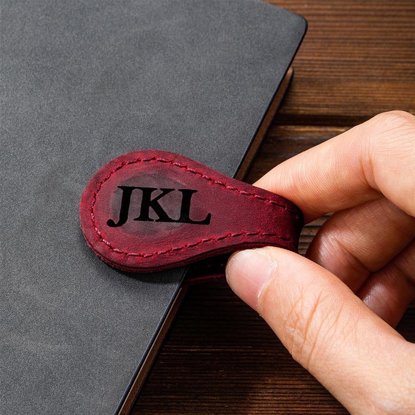 Personalized Magnetic Leather Bookmark with Engraved Monogram Reader