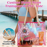 Personalized Clear Tote Bag for Women Custom Birth Flower and Name Iridescent Bachelorette Beach Bag for Work Stadium Travel Mother's Day Birthday Summer Vacation Gift for Family Friend