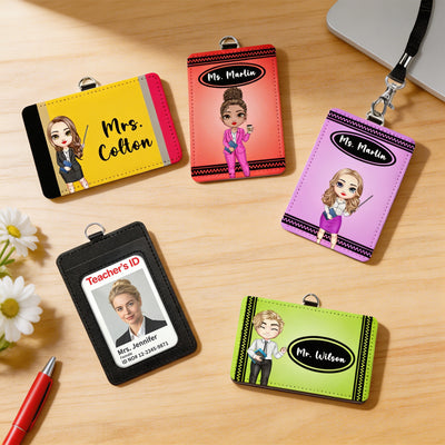 Personalized Teacher Lanyard with ID Holder Custom Cartoon Character and Name PU Leather Card Holder with Breakaway Lanyard/Retractable Reel Teacher Back to School Gifts for Women Men