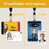 Personalized Teacher ID Badge Holder Custom Cartoon Character and Name PU Leather Card Holder with Breakaway Lanyard Teacher's Day Appreciation Back to School Gifts Teacher Must Haves