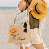 Personalized Birth Flower Beach Jute Tote Bag Trip Bag with Name