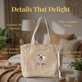 Personalized Embroidered Pet Face Tote Bag Custom Corduroy Tote Bag Cat Portrait Shoulder Bag Travel Accessories Pet Memorial Gift Gifts for Pet Owners Dog Mom Cat Mom Family Friends