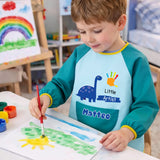 Personalized Cute Dinosaur Paint Waterproof Long Sleeve Apron with Name Text and Pocket Outdoor Activity Birthday Gift for Kids Students
