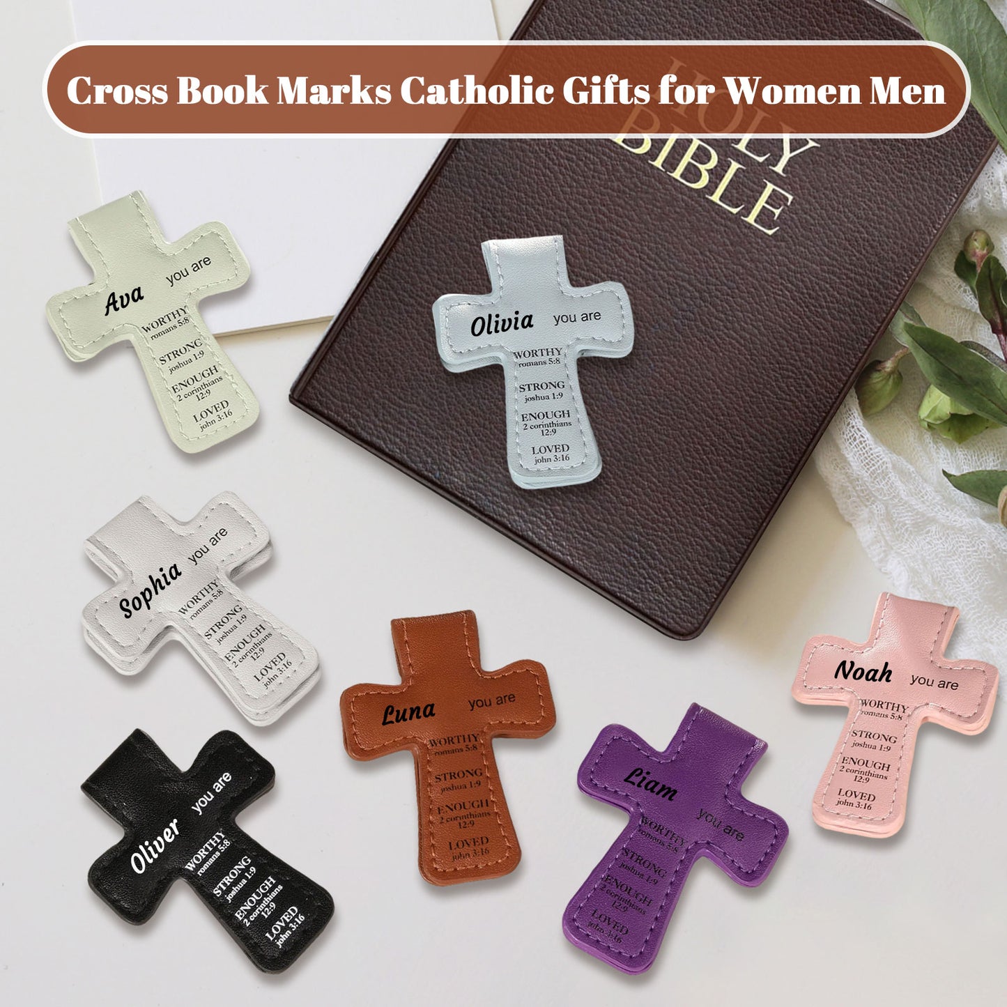 Personalized Magnetic Christian Bookmarks  Custom PU Leather Bookmark with Name & Bible Verses  Catholic Cross Book Marks  Religious Gifts for Women  Students  Teachers  Father  Book Lovers