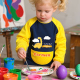 Personalized Cute Dinosaur Paint Waterproof Long Sleeve Apron with Name Text and Pocket Outdoor Activity Birthday Gift for Kids Students