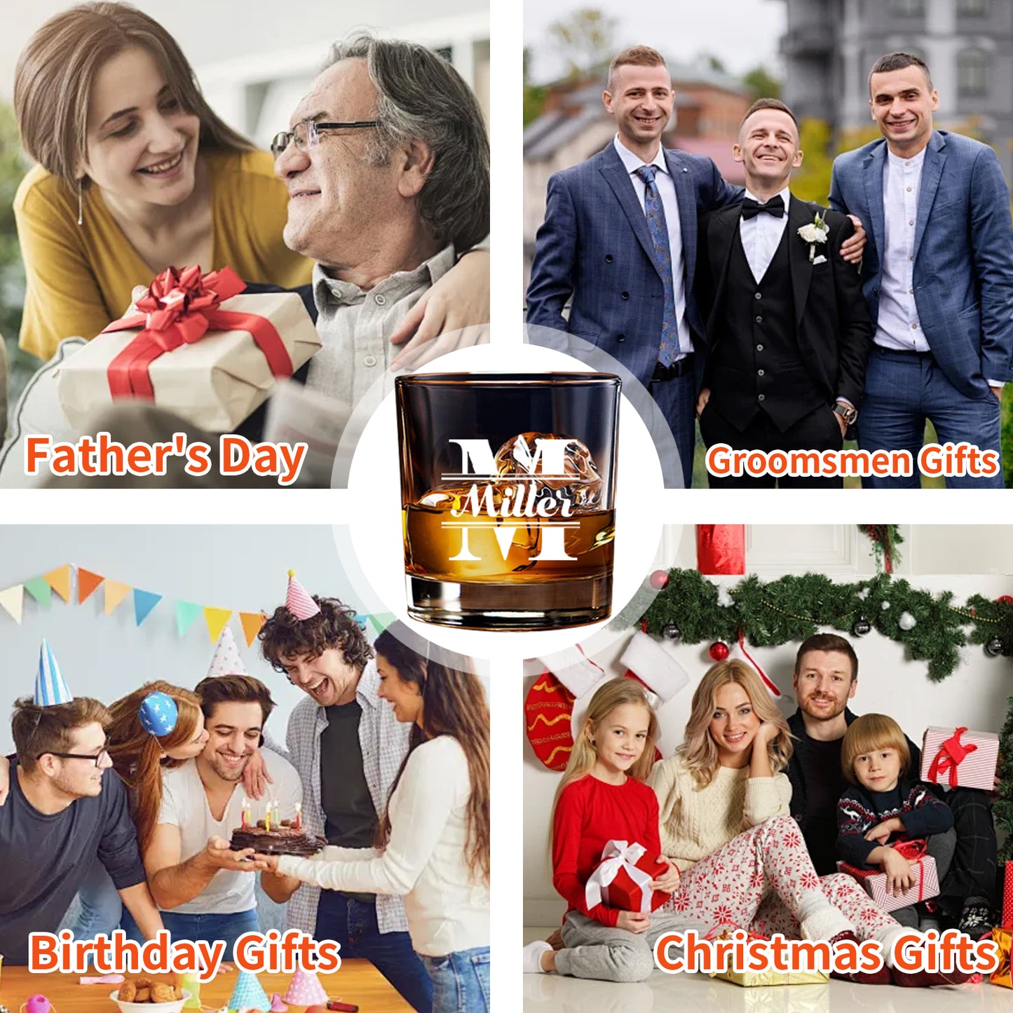Personalized Whiskey Glass for Men, Bourbon Glass with Stainless Steel Ice Cubes