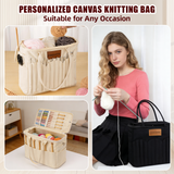 Personalized Knitting Bag with Name Leather Patch Canvas Yarn Bag Yarn Holder for Crochet Lovers Pottery Tool Bag Art Supply Storage Student Artist Gift Mother's Day Gift Birthday Gifts