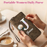 Personalized Wristlet Wallet for Women Custom Pearl Initial Birth Flower and Name  PU Leather Wallet with Coin Pocket  Id Window & Grip Hand Strap  Mother's Day  Birthday Gift for Mom Friends