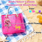 Personalized Clear Tote Bag for Women Custom Birth Flower and Name Iridescent Bachelorette Beach Bag for Work Stadium Travel Mother's Day Birthday Summer Vacation Gift for Family Friend