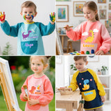 Personalized Cute Dinosaur Paint Waterproof Long Sleeve Apron with Name Text and Pocket Outdoor Activity Birthday Gift for Kids Students