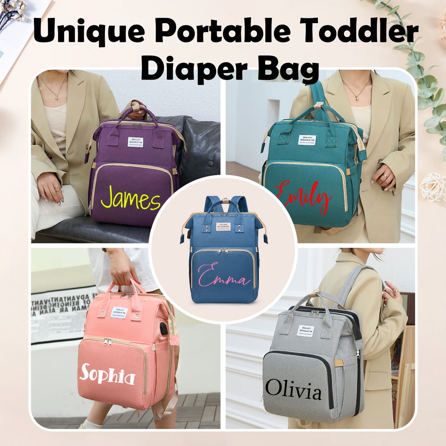 Personalized 3 in 1 Diaper Bag Backpack with Changing Station