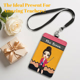Personalized Teacher ID Badge Holder Custom Cartoon Character and Name PU Leather Card Holder with Breakaway Lanyard Teacher's Day Appreciation Back to School Gifts Teacher Must Haves