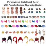 Personalized Sketchbook Cover with Name and Cartoon Character PU Leather Birth Flower Notebooks Cover with Storage Pocket Traveler's Sketchbook Gifts For Artists Teacher Student Daughter