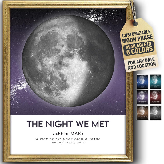 Custom Moon Phase Gift for Specific Date | Romantic Gifts for Her | Gifts for Husband | Personalized Night Sky | Paper Anniversary | (e.g. Wedding Valentine's Day Birthday etc) | Grey with Thin Border & Front Glow