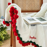 Custom Rose Flower Blanket with Embroidered Name - Personalized Red Crochet Bouquet Throw Blanket Gift for Birthday Wedding Valentine’s Day Mother's Day Christmas