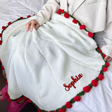 Custom Rose Flower Blanket with Embroidered Name - Personalized Red Crochet Bouquet Throw Blanket Gift for Birthday Wedding Valentine’s Day Mother's Day Christmas
