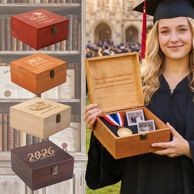 Personalized Graduation Wooden Keepsake Box Custom Engraved Memory Box with Name Storage Boxes for High School College Graduates Cap and Gown Photos Letters Graduation Gifts-for Him Her
