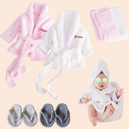 Personalized Baby Robe with Embroidery Name Custom Baby Bath Robe for Girls and Boys with Washcloth or Slippers Gift for Baby Showers Newborn Baby Gifts Birthday Gifts Baby Essentials(0-12 M)