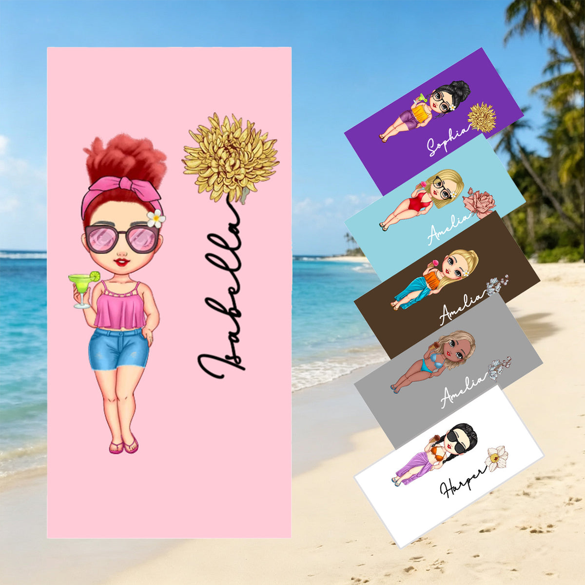 Personalized Beach Towels with Name and Birth Flower  Cartoon Women Oversized Beach Towel  Travel Beach Towel for Women for Swimming Pool Camping Beach  Gifts for Sisters Friends Besties Adult Gift