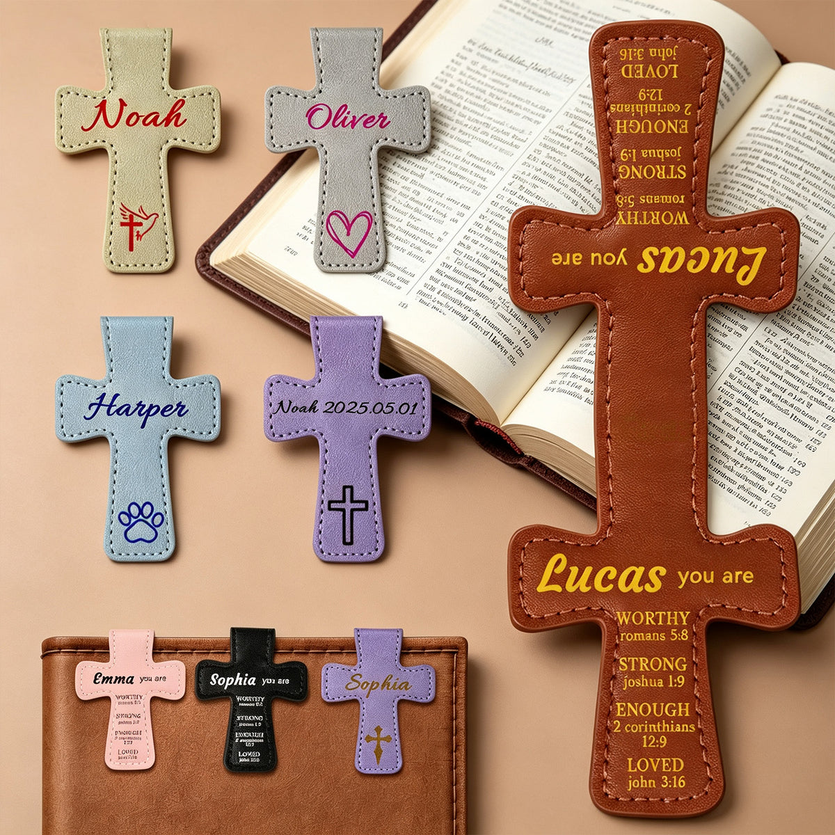 Personalized Magnetic Christian Bookmarks  Custom PU Leather Bookmark with Name & Bible Verses  Catholic Cross Book Marks  Religious Gifts for Women  Students  Teachers  Father  Book Lovers