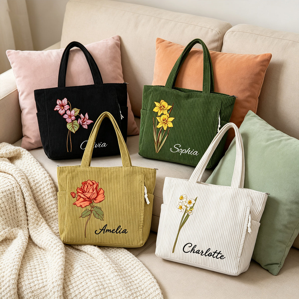 Personalized Birth Flower Corduroy Tote Bag for Women  Custom Name Large Shoulder Bag with Zipper