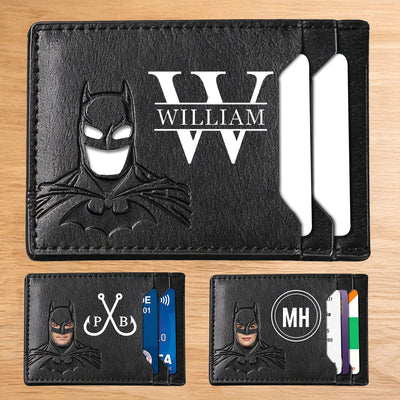 Personalized Bat Wallet with Name  Slim PU Leather ID Wallet Gifts for Men Husband  Boyfriend Dad  Face Eyes Cutout Card Holder with Multiple Card Slots Father's Day Birthday Anniversary