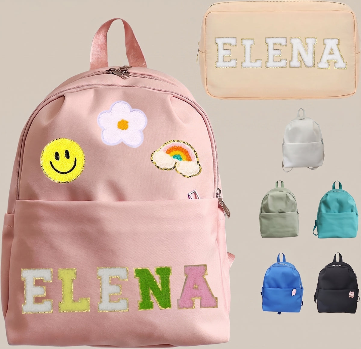 Personalized Backpack with Patches Custom Name Travel Bag Chenille Letter Patches Preppy Backpack Back to School Backpack Large Capacity Daycare Bag Birthday Gift Personalized Gift 10*5*13"