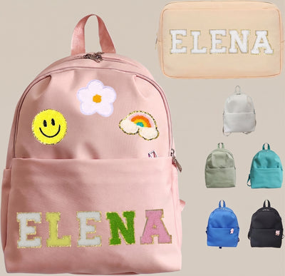 Personalized Backpack with Patches Custom Name Travel Bag Chenille Letter Patches Preppy Backpack Back to School Backpack Large Capacity Daycare Bag Birthday Gift Personalized Gift 10*5*13"
