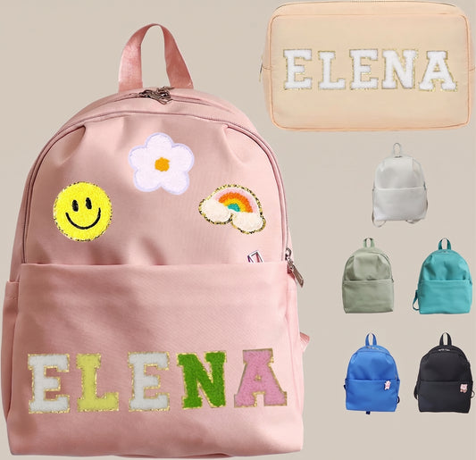 Personalized Backpack with Patches Custom Name Travel Bag Chenille Letter Patches Preppy Backpack Back to School Backpack Large Capacity Daycare Bag Birthday Gift Personalized Gift 10*5*13"