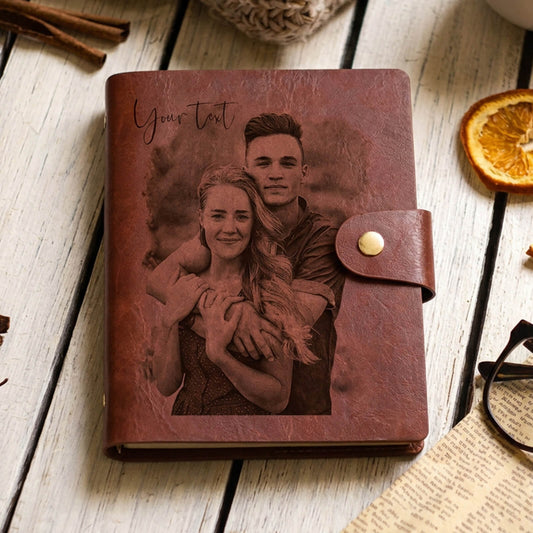 Personalized Photo Leather Journal Custom Engraved Photo or Logo 100% Genuine Leather Refillable A5 Size Diary Vintage Style for Business College Travel Work Gifts for Family Friends
