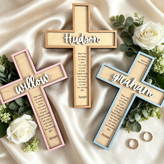 Personalized Wooden Cross Wall Decor Custom Baby Baptism Gifts for Girls or Boys Hanging Wall or Table with Bible Verses for Decoration Parties Baby Shower First Communion Gifts for Kids