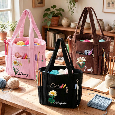 Personalized Birth Flower Corduroy Crochet Bag for Women 11.5" Large Yarn Storage with Custom Name Multiple Pockets & Grommets Needle Holders Knitting Bag for Crochet Lovers Mom Grandma