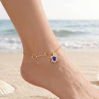 Personalized Sea Turtle Birthstone Anklet with Name Custom Beach Anklet for Women Turtle Jewelry Beach Accessory for Sister Girlfriend Mom Summer Vacation Gift for Birthday Anniversary