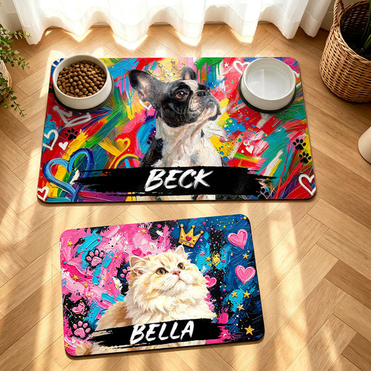 Personalized Pet Food Mat with Photo & Name Dog Mat for Food and Water Graffiti Oil Painting Style Cat Mat for Food Non-Slip Rubber Backing Pet Placemat for Cat Puppy Gift for Pet Lovers