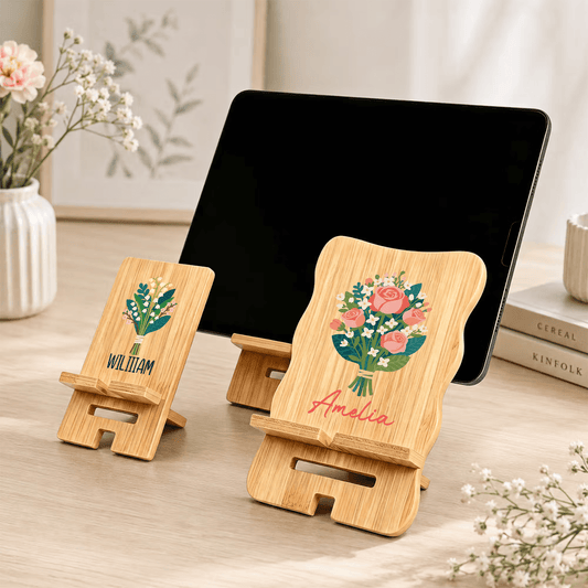 Personalized Wood Phone Stand for Women Custom Phone Holder with Name & Birth Flower Portable Tablet Stand for Home Office Travel Treadmill Compatible with All Cell Phones Birthday Gifts
