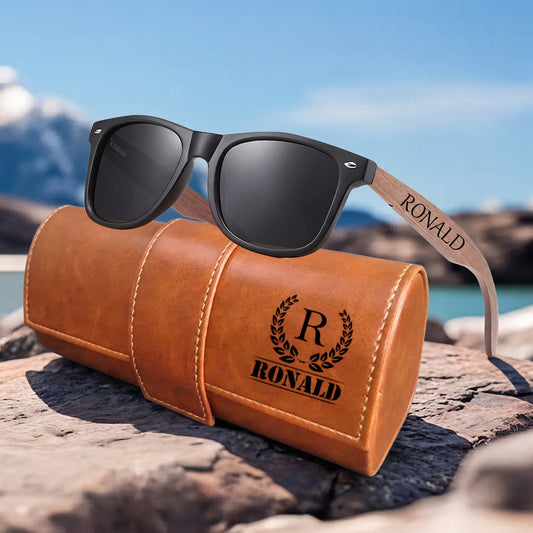 Personalized Wooden Sunglasses with Leather Box Walnut Wood Sunglasses with Dark Polarized Lenses for Men and Women with UVA & UVB Protection Custom Groomsmen Gift Set Unique Gift for Him
