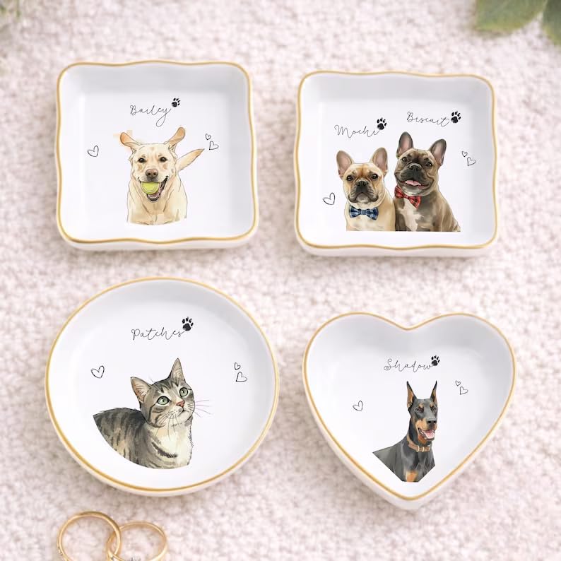 Custom Pet Jewelry Tray Watercolor Dog Portrait Ceramic Trinket Ring Dish Personalized Photo Jewelry Storage Keepsake Dog Cat Memorial Gift Pet Lover Gift