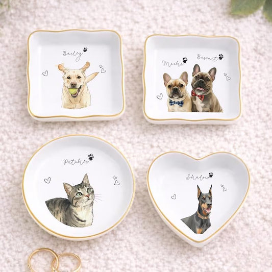 Custom Pet Jewelry Tray Watercolor Dog Portrait Ceramic Trinket Ring Dish Personalized Photo Jewelry Storage Keepsake Dog Cat Memorial Gift Pet Lover Gift